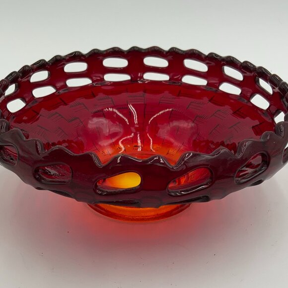 Fenton Glass 2 Row Open Edge Ruby Amberina Basket Weave Bowl. 6" dia. X 2.5" h. - Picture 5 of 8
